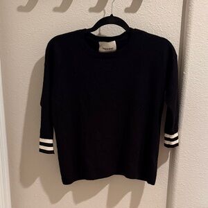 Black Cashmere Sweater with White Striped Sleeves